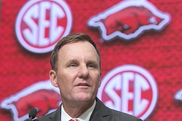 Arkansas head coach Chad Morris speaks during the NCAA college football Southeastern Conference media days at the College Football Hall of Fame in Atlanta, Tuesday, July 17, 2018. (AP Photo/John Amis)

