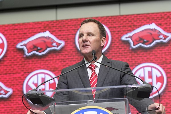 Arkansas head coach Chad Morris speaks during the NCAA college football Southeastern Conference media days at the College Football Hall of Fame in Atlanta, Tuesday, July 17, 2018. (AP Photo/John Amis)	