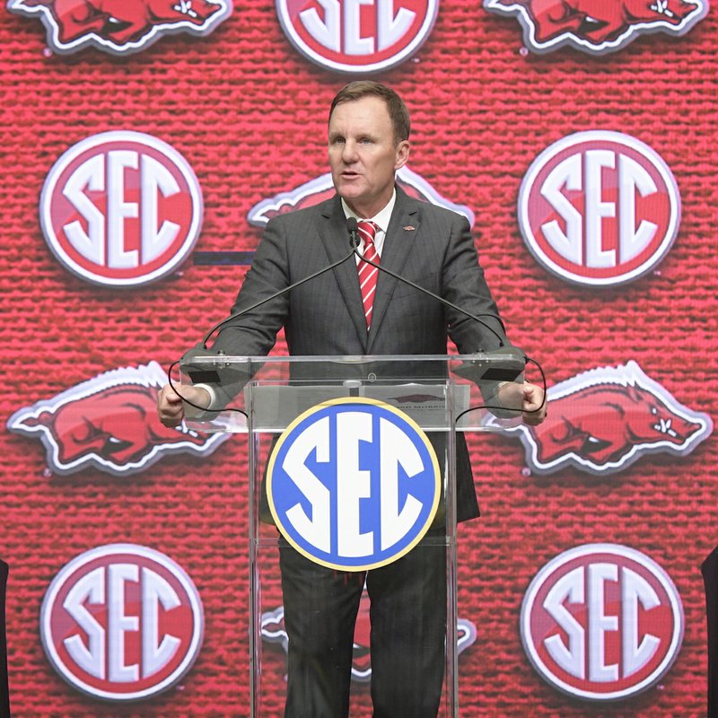 Arkansas head coach Chad Morris speaks during the NCAA college football Southeastern Conference media days at the College Football Hall of Fame in Atlanta, Tuesday, July 17, 2018. (AP Photo/John Amis)