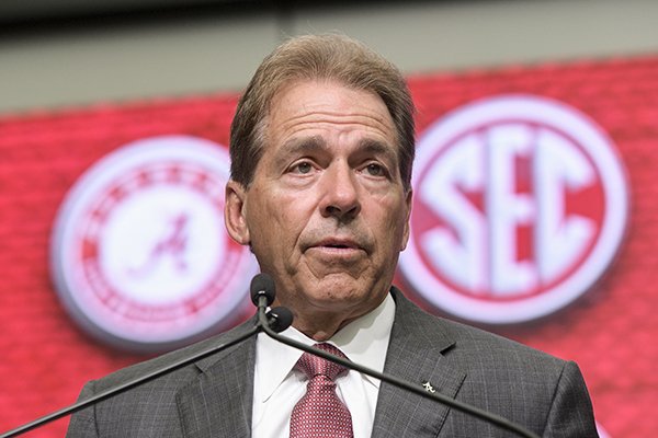 NCAA college football head coach Nick Saban of Alabama speaks during the Southeastern Conference Media Days at the College Football Hall of Fame in Atlanta, Wednesday, July 18, 2018. (AP Photo/John Amis)

