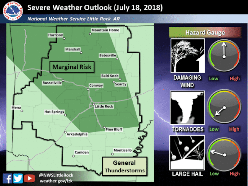 Portions of northern and central Arkansas are at risk Wednesday, July 18, 2018, for severe storms, according to the National Weather Service's North Little Rock office.