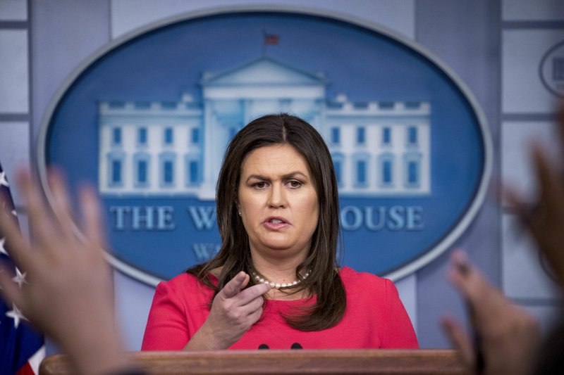 White House press secretary Sarah Huckabee Sanders calls on a member of the media during the daily press briefing at the White House, Wednesday, July 18, 2018, in Washington. (AP Photo/Andrew Harnik)