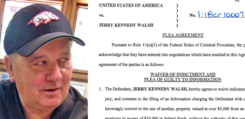 A 2009 file photo of Jerry Walsh is shown next to a screenshot of the first page of his plea agreement.