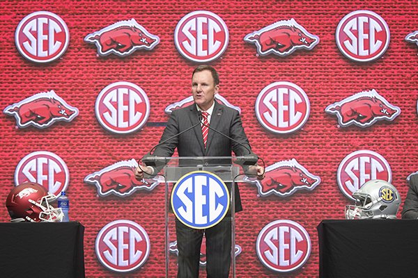 Arkansas head coach Chad Morris speaks during the NCAA college football Southeastern Conference media days at the College Football Hall of Fame in Atlanta, Tuesday, July 17, 2018. (AP Photo/John Amis)