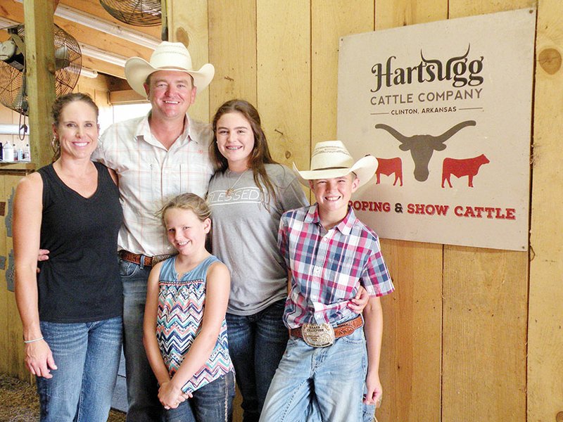 The Jared Standridge family of Dennard is the 2018 North Central District Farm Family of the Year, as well as the Van Buren County Farm Family of the Year. Shown here in their show barn, the family includes, front center, Shelby; and back row, from left, Lacey, Jared, Sydney and Sam. They operate the Standridge Ranch and do business as the Hartsugg Cattle Co.
