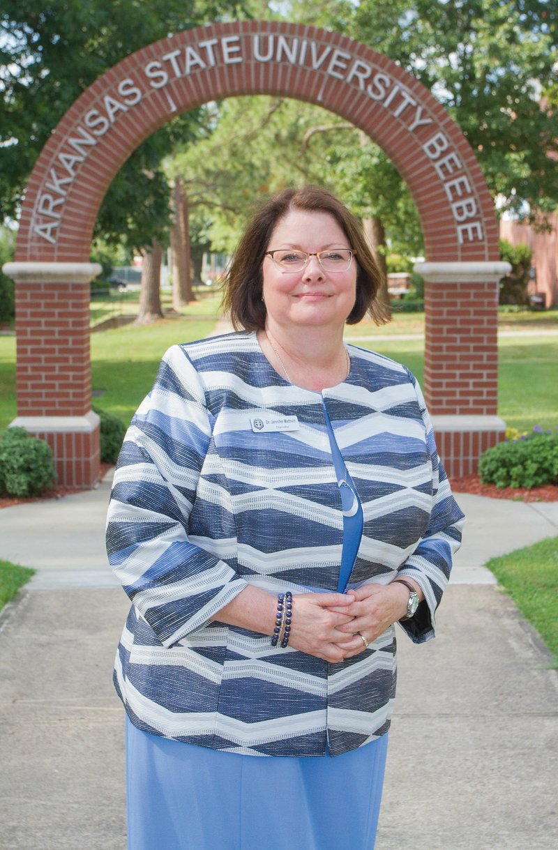 Jennifer Methvin, the new chancellor at Arkansas State University-Beebe, stands in the middle of campus at the start of her second week at the White County community college July 9. She spent the previous four years as president of Crowder College in Neosho, Mo.  Methvin, a native of Holly Grove, started her teaching career at ASU-Beebe in 1991. 