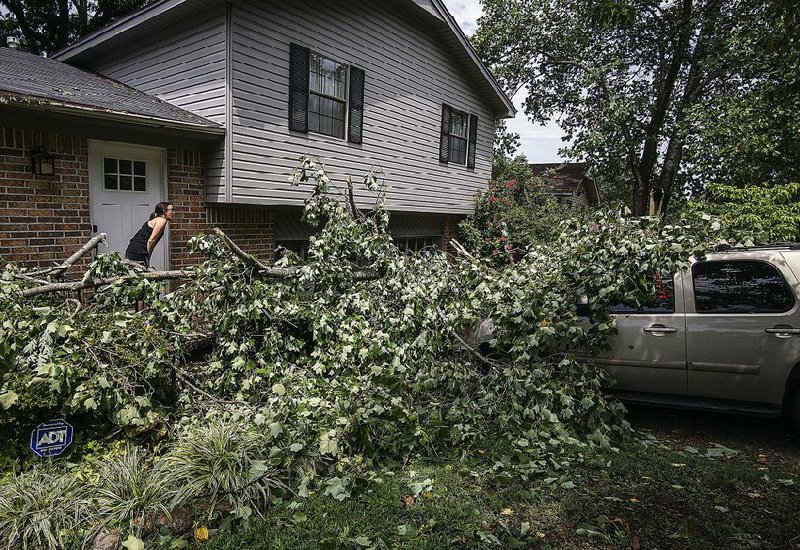 Sarah Chunn takes a look at damage caused by a downed tree and power line at her home in Little Rock on Saturday. She and her family couldn’t venture farther than the front door because of the live electric wire intertwined with the tree. More photos are available at arkansasonline.com/galleries.  