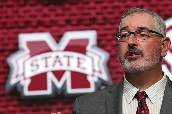 Mississippi State head coach Joe Moorhead speaks during Southeastern Conference Media Days Wednesday, July 18, 2018, in Atlanta. (AP Photo/John Bazemore)