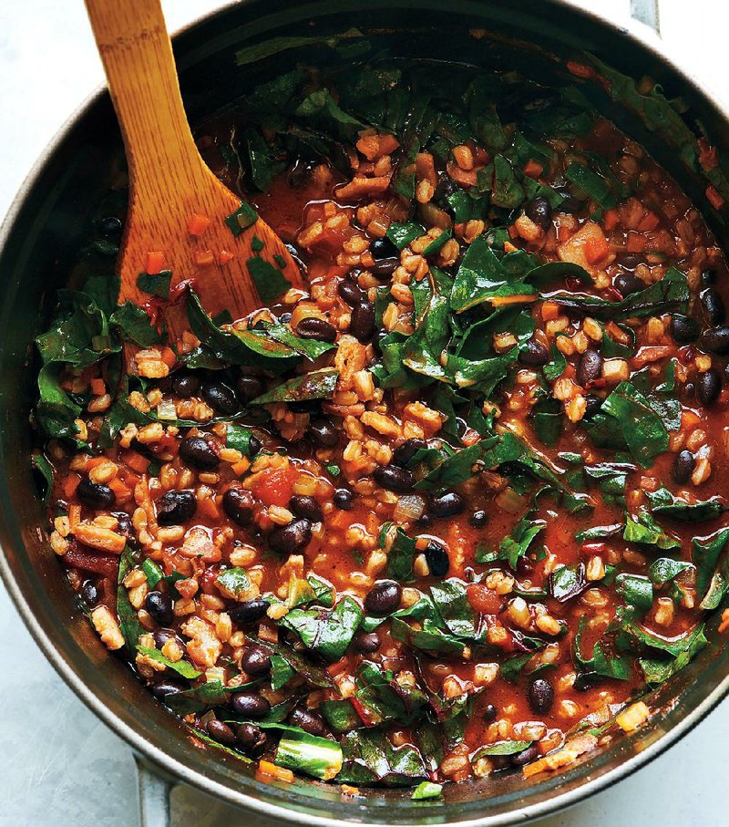 Farro and Black Bean Chili With Swiss Chard and Jack Cheese 