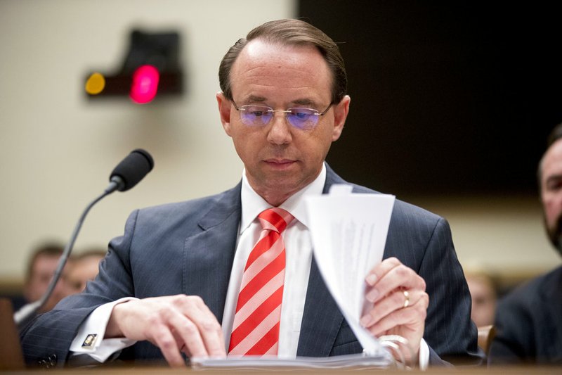 FILE - In this June 28, 2018, file photo, Deputy Attorney General Rod Rosenstein appears before a House Judiciary Committee hearing on Capitol Hill in Washington. A group of 11 House Republicans have introduced articles of impeachment against Rosenstein, who oversees special counsel Robert Mueller’s investigation into Russian election interference and President Donald Trump’s 2016 campaign. (AP Photo/Andrew Harnik, File)