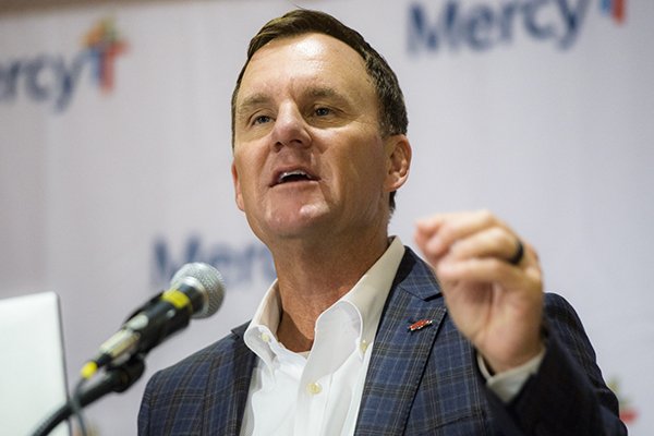 Chad Morris, Arkansas football coach, speaks during the Mercy Coaching Summit, Thursday, July 26, 2018 at the John Q. Hammons Center in Rogers.