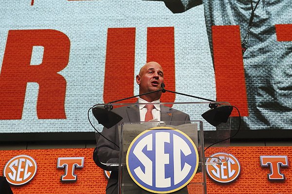 Tennessee head coach Jeremy Pruitt speaks during Southeastern Conference Media Days Wednesday, July 18, 2018, in Atlanta. (AP Photo/John Bazemore)