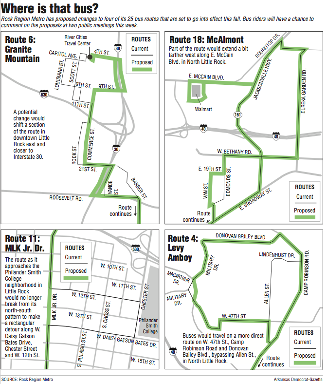 A map showing Little Rock bus route changes.