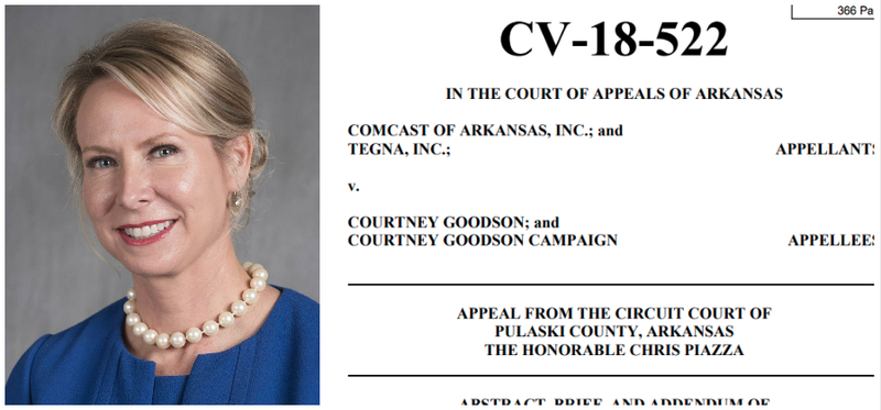Courtney Goodson is shown in a file photo beside a screenshot of a brief of an appeal filed by Tegna on Monday.