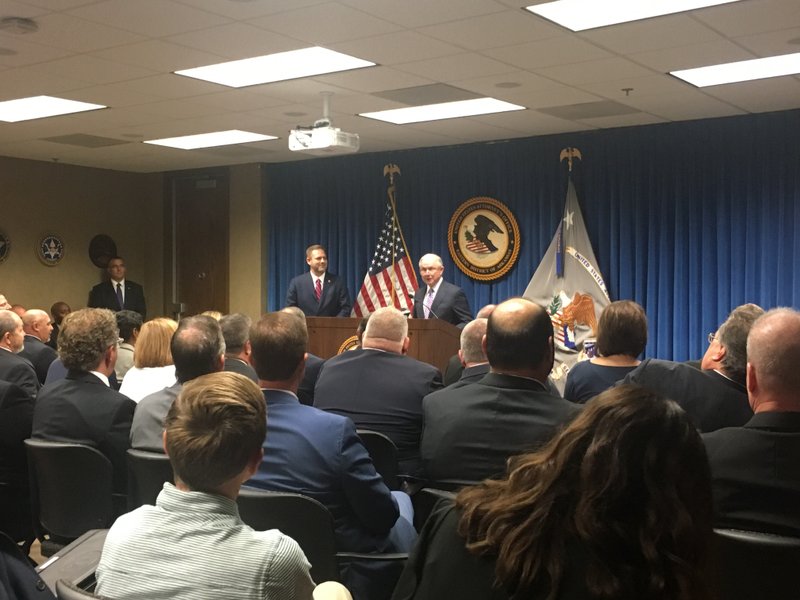 U.S. Attorney General Jeff Sessions speaks at the office of U.S. Attorney Cody Hiland in Little Rock on Wednesday, Aug. 1, 2018. 