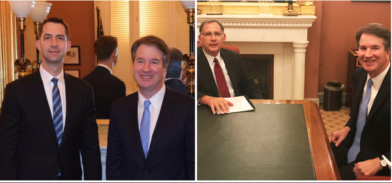 U.S. Sen. Tom Cotton, left, and U.S. Sen. John Boozman, both Arkansas Republicans, met with Supreme Court nominee Judge Brett Kavanaugh on Wednesday, Aug. 1, 2018.
