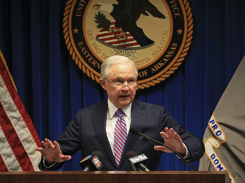 U.S. Attorney General Jeff Sessions speaks Wednesday at the U.S. attorney’s office in Little Rock. Sessions, who took no questions at the appearance, later went to Lake Hamilton High School in Pearcy for a discussion on school safety.

