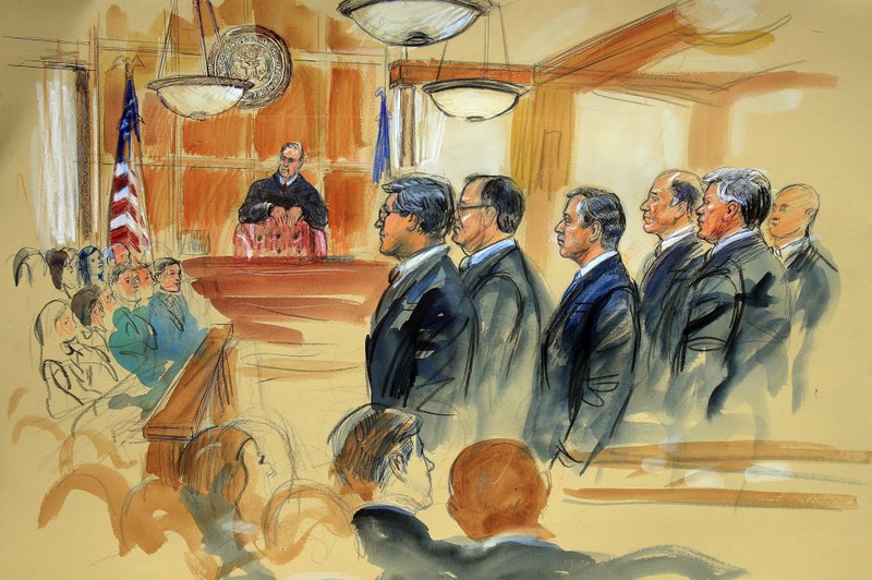 This courtroom sketch depicts Paul Manafort, fourth from right, standing with his lawyers in front of U.S. district Judge T.S. Ellis III, center rear, and the selected jury, seated left, during the jury selection of his trial at the Alexandria Federal Courthouse in Alexandria, Va., Tuesday, July 31, 2018. A jury set to decide the fate of President Donald Trump's former campaign chairman Manafort was selected Tuesday, and opening statements in his tax evasion and bank fraud trial were expected in the afternoon. (Dana Verkouteren via AP)