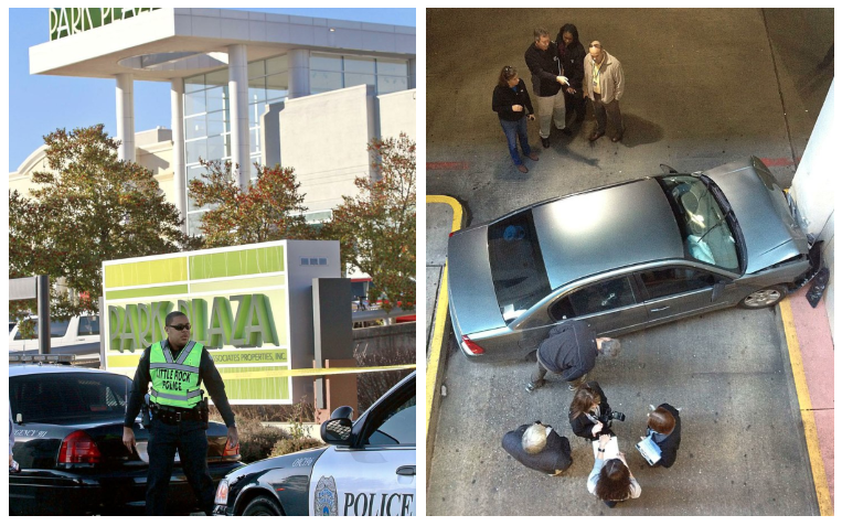 Police investigate a shooting inside the Park Plaza mall parking deck in these 2011 file photos.