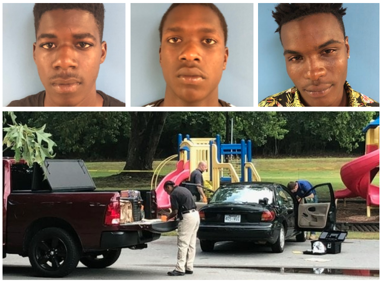 At bottom: Authorities investigate a July 16 fatal shooting at a North Little Rock skate park. At top, from left, three suspects named by the police in the case: Isiah Gilliam, 18, Ladetrick Harris, 17, and Davion Wright, 17.