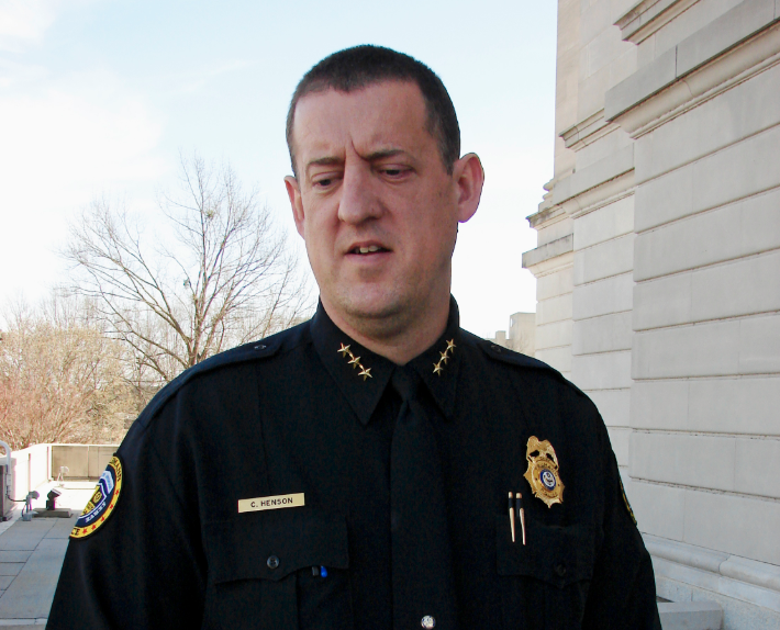 In this Jan. 31, 2017, photo, Trumann Police Chief Chad Henson is interviewed outside the state Capitol in Little Rock. (AP Photo/Kelly P. Kissel, File)