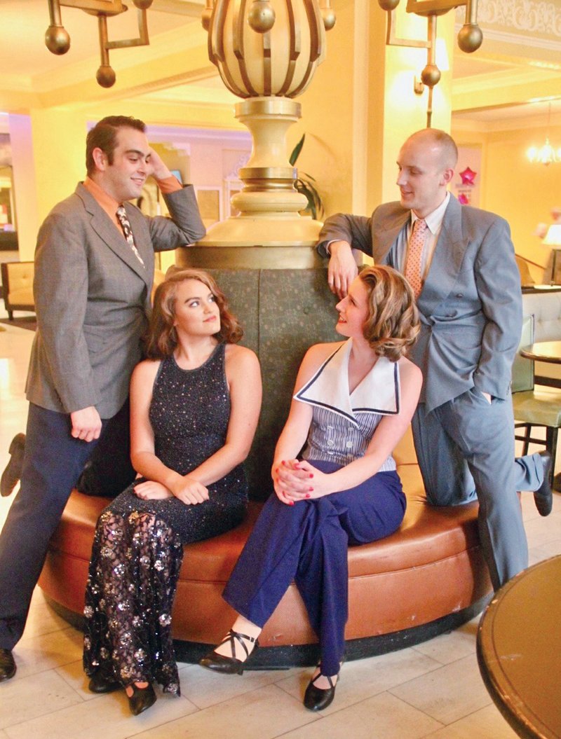 Appearing in The Royal Players’ upcoming production of Anything Goes are Koty Mansfield, from left, who appears as Sir Evelyn Oakleigh; Skyla Conger, as Hope Harcourt; Brooke Melton, as Reno Sweeney; and Jake Coffman, as Billy Crocker. The musical opens Thursday at The Royal Theatre in Benton.