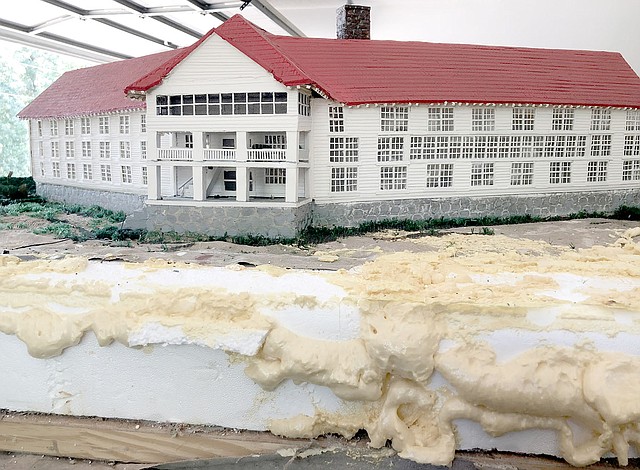 Photo courtesy of Jill Werner The Bella Vista Historical Museum's Sunset Hotel model is undergoing some renovation. Historical society member Jill Werner is rebuilding the model's base.