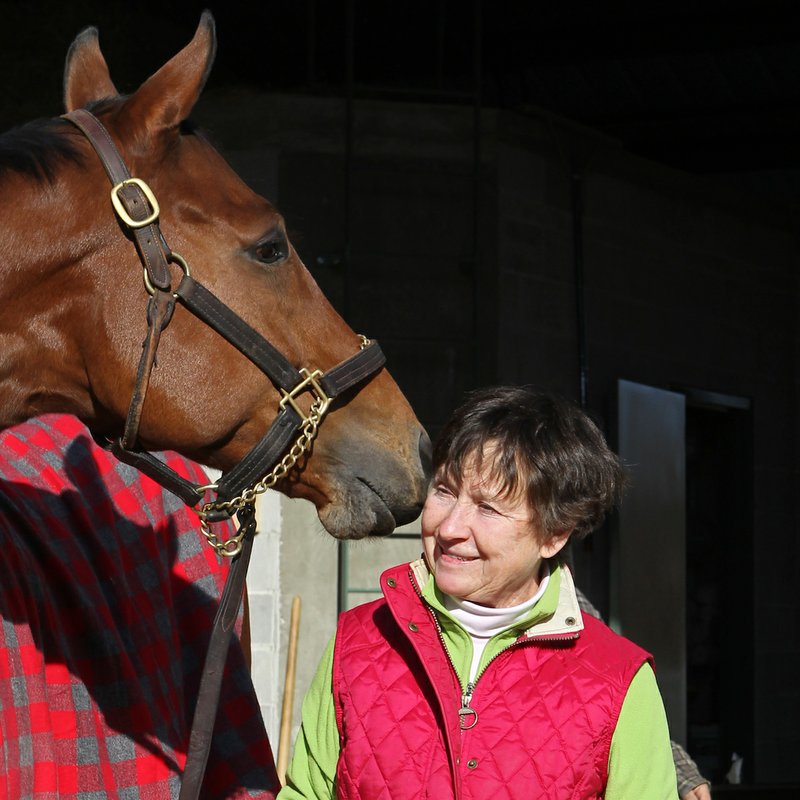 The Sentinel-Record/File photo RETIREES: Kathy Howard is pictured with Ivan Fallunovalot in December of 2016 at her husband's barn at Oaklawn Park. Howard assumed training duties for millionaire Ivan Fallunovalot after her husband's death in March.