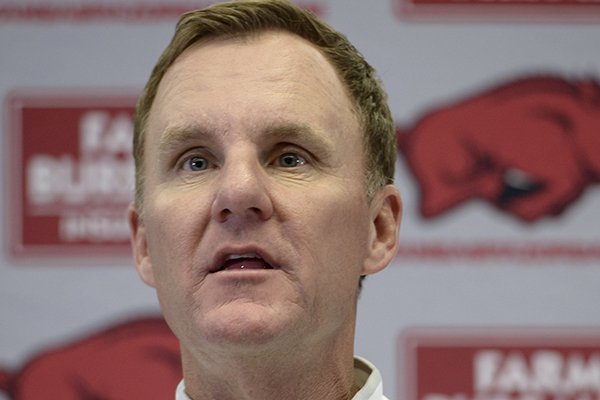 Arkansas coach Chad Morris answers questions during the Razorbacks' media day Saturday, Aug. 4, 2018, in Fayetteville.