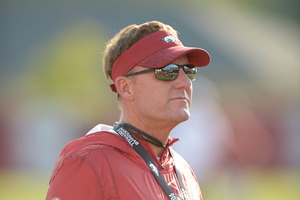 Arkansas coach Chad Morris directs his players Friday, Aug. 3, 2018, during practice at the university practice field on campus in Fayetteville. Visit nwadg.com/photos to see more photographs from the practice.