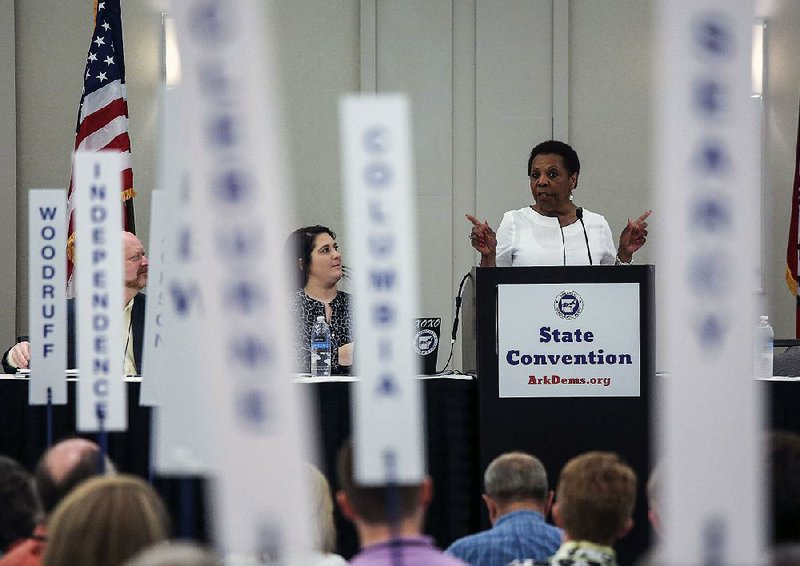 Lottie Shackelford speaks Saturday during the Democratic Party of Arkansas state convention in Little Rock. Democrats approved the party platform Saturday.