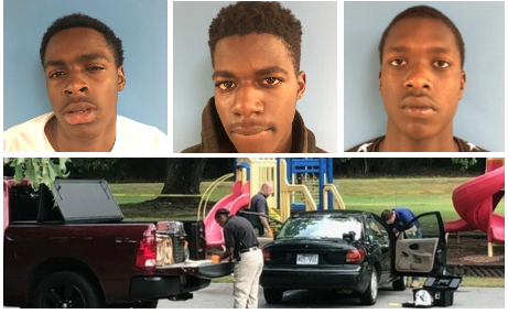 At bottom: Authorities investigate a July 16 fatal shooting at a North Little Rock skate park. At top, from left, three suspects named by the police in the case: Jack Banks III, 15; Isiah Gilliam, 18; and Ladetrick Harris, 17.
