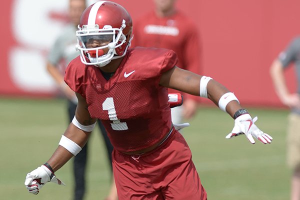 Arkansas defensive back Chevin Calloway defends during a drill Tuesday, Aug. 7, 2018, during practice at the university practice fields in Fayetteville. 