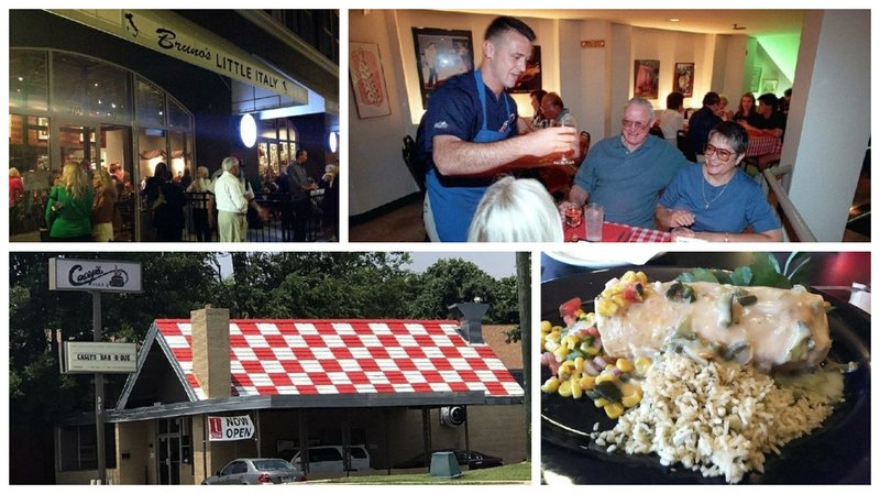 Bruno’s Little Italy (clockwise from top left) at its fourth and current location in the 300 block of Little Rock’s Main Street, The Villa at its 1990s Holiday Inn location on Shackleford Road, Casey’s BBQ on Cantrell Road and a signature item now served at Red Door from the defunct Blue Mesa restaurant. 