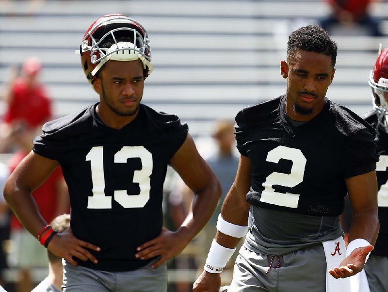 Jalen Hurts (right) led Alabama to the national championship game in each of his first two seasons as the Tide’s quarterback. Tua Tagovailoa (left) rallied the Tide to the title in last season’s national championship game. Both seem capable of leading the team to more victories, even if they have different styles and strengths. 
