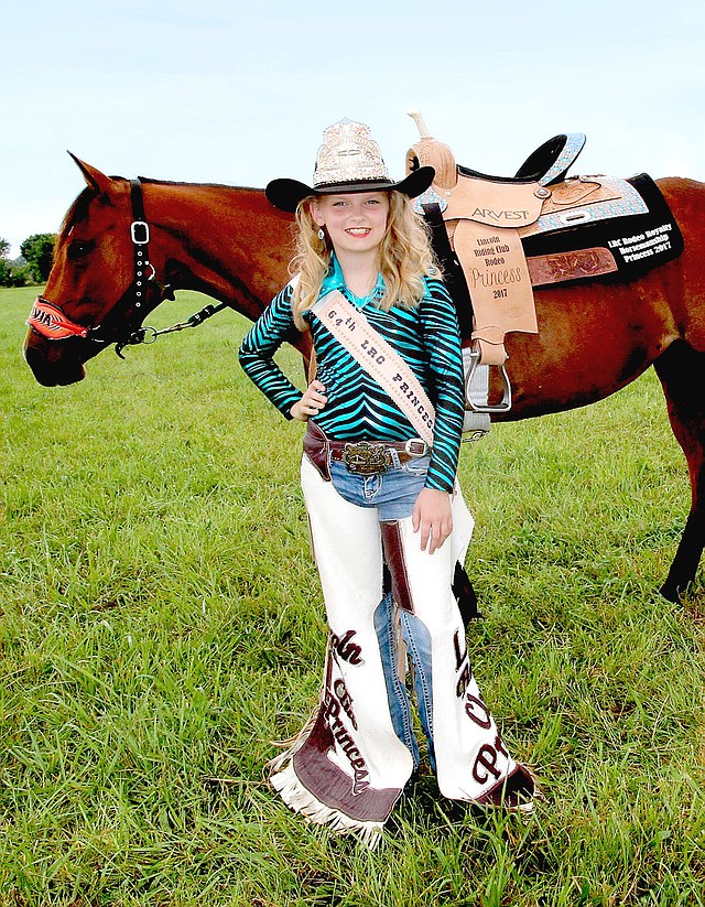 Submitted photo Olivia Moody, 12, daughter of Hannah Johnson and Josh Moody, of Siloam Springs, won the 2017 Lincoln Riding Club princess crown, and will be among Lincoln Riding Club royalty presiding over the 2018 Lincoln Rodeo.