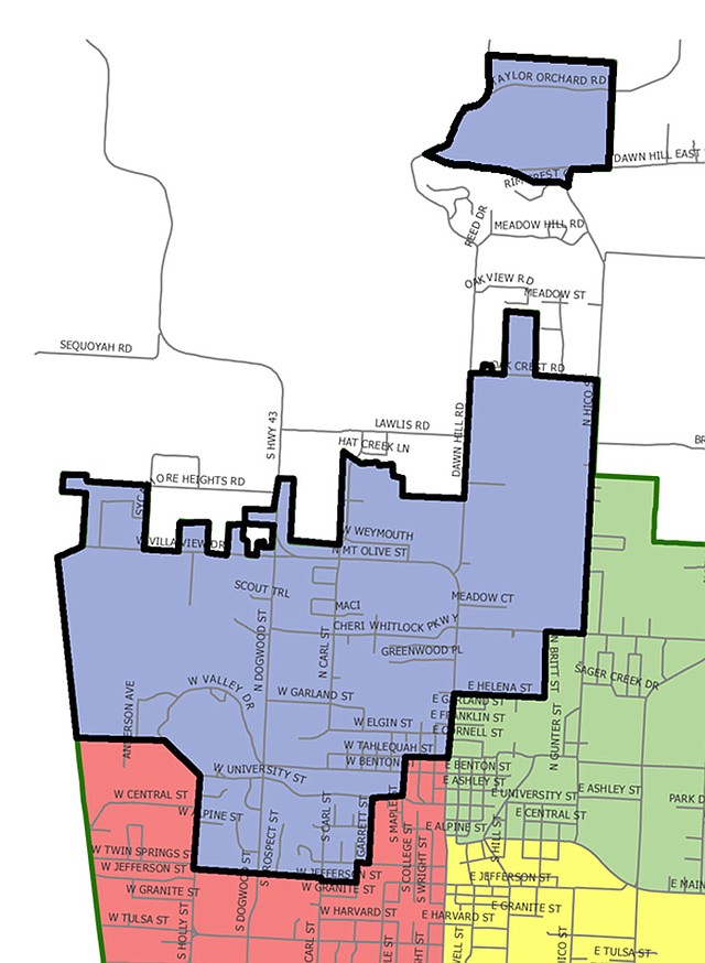 Image submitted Voters in Ward I will have three candidates to choose from -- former Siloam Springs Mayor David Allen, Mindy Hunt and Fares Trinidad -- during the Aug. 14 primary election for the Ward I city board seat. Ward I, highlighted in black, is located on the northwest side of the city.