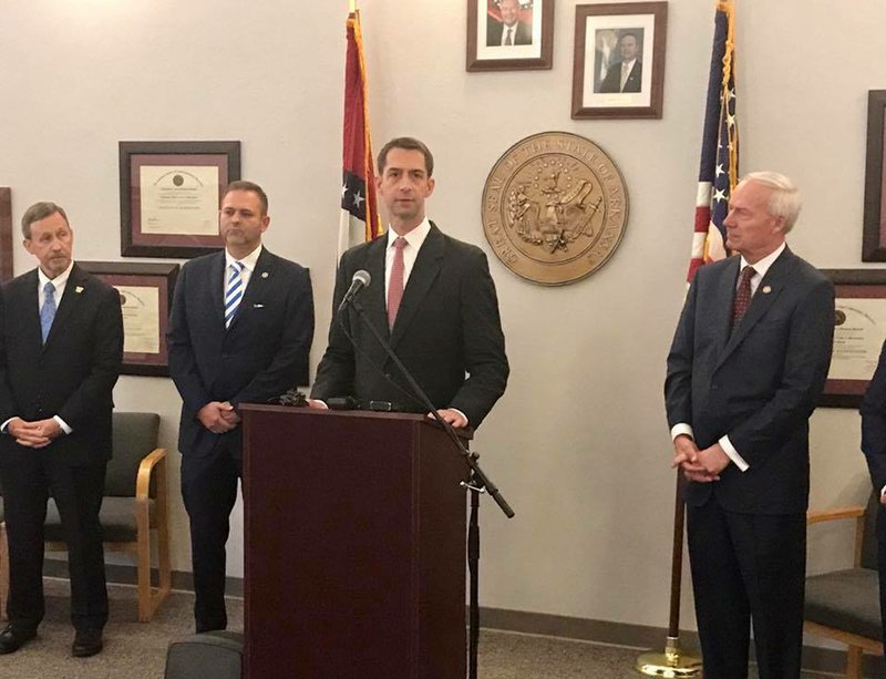 U.S. Sen. Tom Cotton speaks at the Arkansas Crime Lab on Wednesday, Aug. 8, 2018.