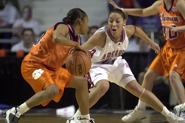 Arkansas' India Lewis guards Clemson's Kanetra Queen during the second half of an NCAA Tournament game on Friday, March 15, 2002, in Manhattan, Kan. The Razorbacks won 78-68.