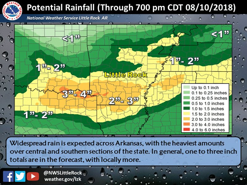 Rainfall estimates through Friday, Aug. 10, 2018, across Arkansas, according to the National Weather Service.