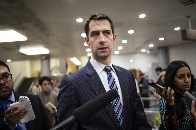 Rep. Tom Cotton, R-Ark., is interviewed by reporters following final votes for the week, at the Capitol in Washington, Thursday, Jan. 25, 2018. 