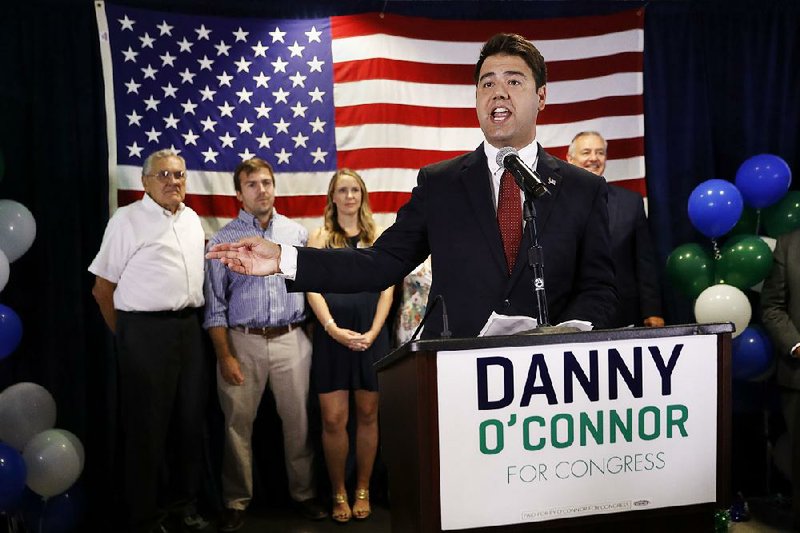 Danny O’Connor speaks Tuesday during an election night watch party in Westerville, Ohio. The special election race for Ohio’s 12th Congressional District remained undecided Wednesday.  
