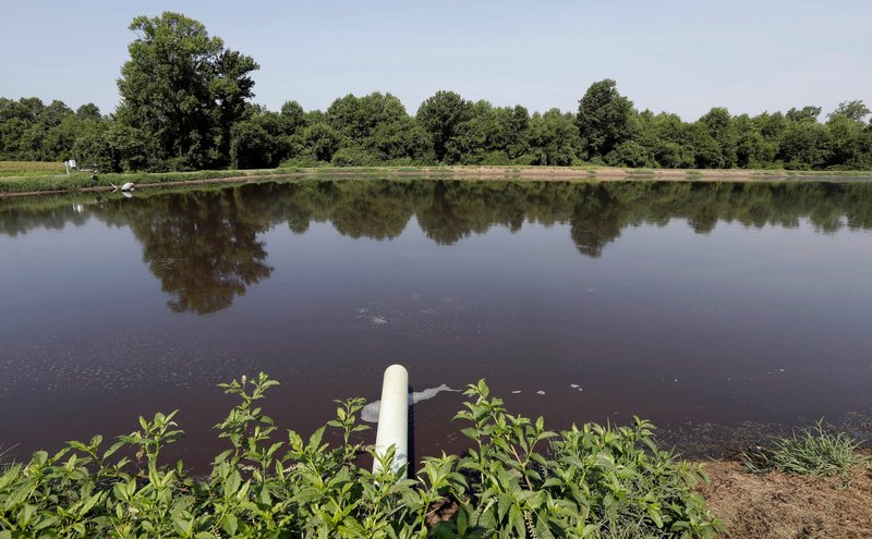 In this July 21, 2017 file photo, a hog waste pond is seen at a farm that has hogs owned by Smithfield Foods in Farmville, N.C. A federal jury decided Friday, Aug. 3, 2018, that the world's largest pork producer should pay $473.5 million to neighbors of three North Carolina industrial-scale hog farms for unreasonable nuisances they suffered from odors, flies and rumbling trucks.  (AP Photo/Gerry Broome, File)
