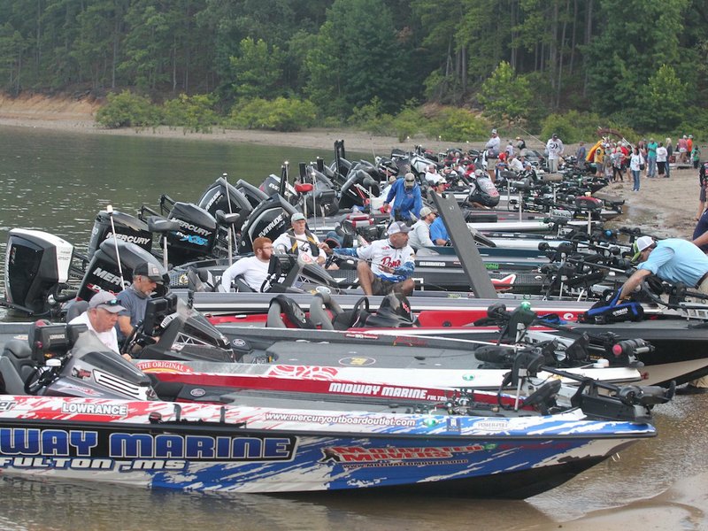 The Sentinel-Record/Richard Rasmussen FIRST DAY LAUNCH: Anglers prepare to take off from Brady Mountain Resort &amp; Marina on Lake Ouachita Friday, the first day of the Forrest Wood Cup. See http://www.hotsr.com for the full results from day one of the tournament.