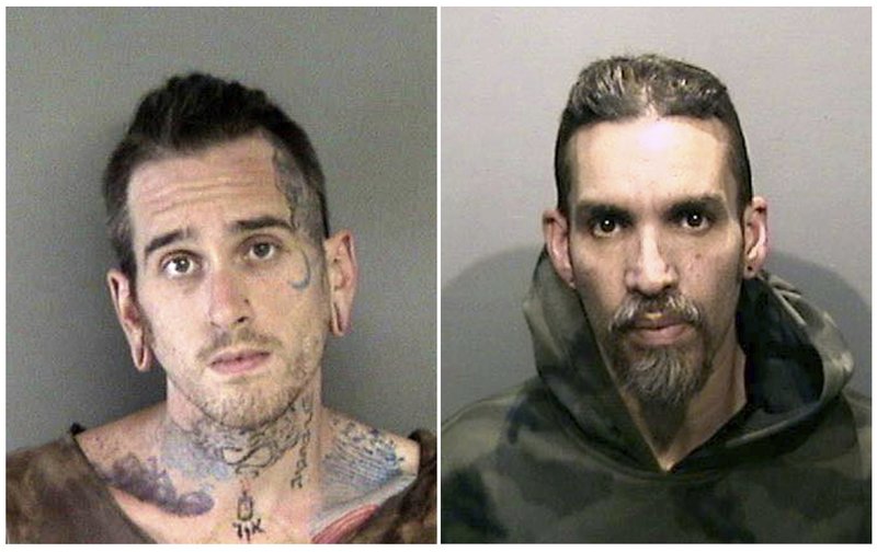 This combination of file June 2017 booking photos released by the Alameda County Sheriff's Office shows Max Harris, left, and Derick Almena, at Santa Rita Jail in Alameda County, Calif. 