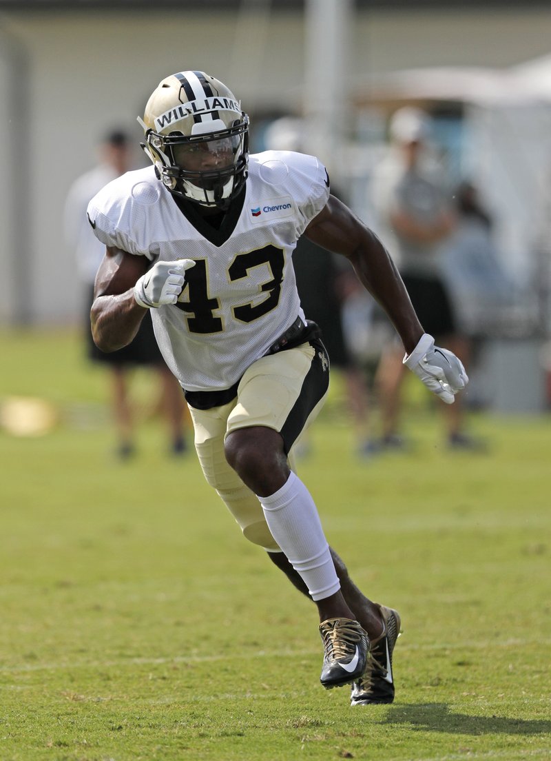 In this July 30, 2018, file photo, New Orleans Saints safety Marcus Williams (43) goes through drills during NFL football training camp in Metairie, La. New Orleans is counting on Williams, a 2017 second-round draft choice, to build on a largely promising rookie campaign that helped solidify the Saint' secondary and propel the club back to the playoffs for the first time in four years. 