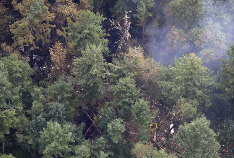 The site on Ketron Island in Washington state where an Horizon Air turboprop plane crashed after it was stolen from Sea-Tac International Airport is seen from the air, Saturday, Aug. 11, 2018, near Steilacoom, Wash. Investigators were working to find out how an airline employee stole the plane Friday and crashed it after being chased by military jets that were quickly scrambled to intercept the aircraft. (AP Photo/Ted S. Warren)