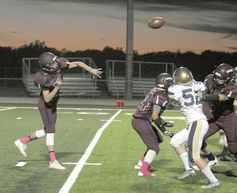 MARK HUMPHREY ENTERPRISE-LEADER Quarterback of the future. Lincoln sophomore Tyler Brewer, shown passing against Shiloh Christian in a junior high game last season, is a capable quarterback, whom the Wolves want to get some experience under center in a varsity setting. Brewer's ability illustrated by completing 16 of 19 passes for 269 yards and 3 touchdowns in leading the junior Wolves to a 41-7 win over Huntsville on Thursday, Oct. 12, 2017, gives Lincoln a credible backup to senior signal caller Caleb Lloyd.