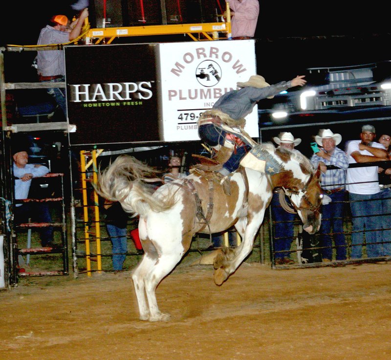 MARK HUMPHREY ENTERPRISE-LEADER A cowboy hangs on as bronco erupts into bucking action right out of the chute during the 65th annual Lincoln Rodeo Saturday night performance.