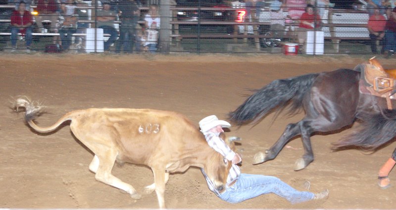 MARK HUMPHREY ENTERPRISE-LEADER Steer wrestling action thrills rodeo fans Saturday during the 65th annual Lincoln Rodeo held last week. Competition was tight with several winners barely edging out another competitor for first place.